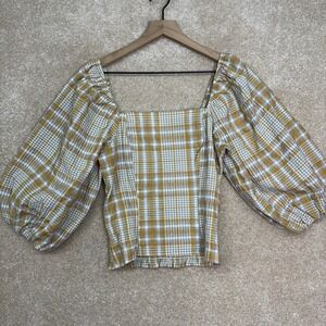 Anthropologie Maeve Top Size‎ XS Plaid Square Neck Puff Sleeve Smocked Crop Top